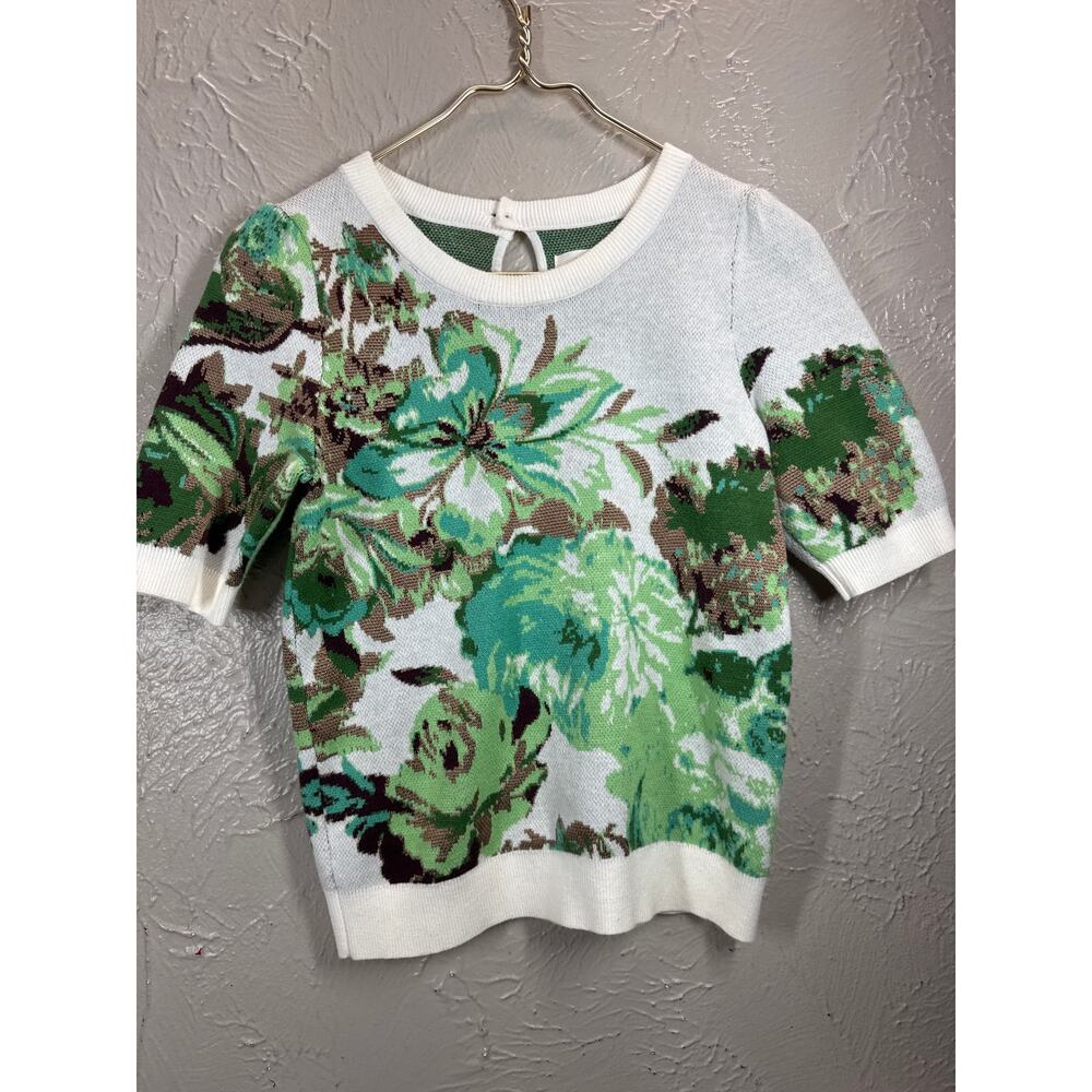 Maeve Anthropologie Harmon Jacquard Sweater Green Floral Short Sleeve Size XXS